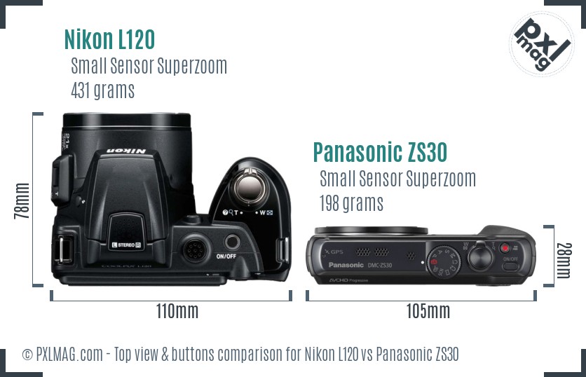Nikon L120 vs Panasonic ZS30 top view buttons comparison