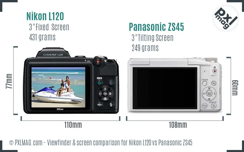 Nikon L120 vs Panasonic ZS45 Screen and Viewfinder comparison