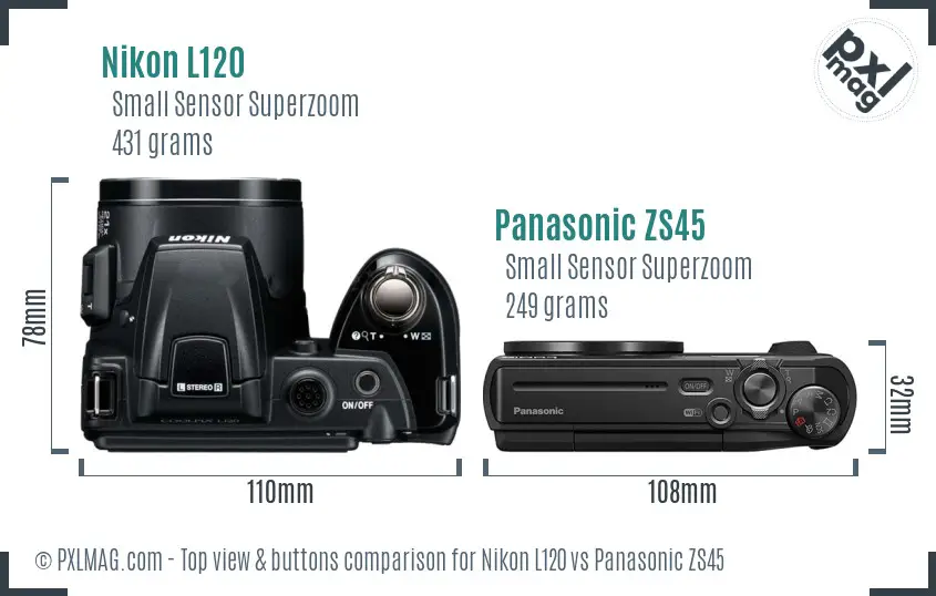 Nikon L120 vs Panasonic ZS45 top view buttons comparison