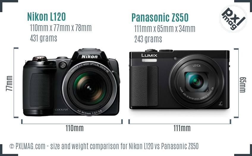 Nikon L120 vs Panasonic ZS50 size comparison