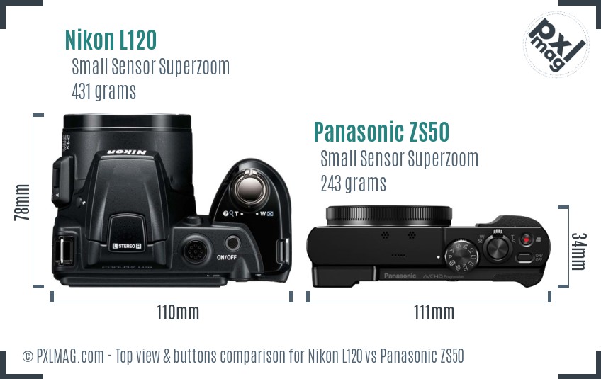 Nikon L120 vs Panasonic ZS50 top view buttons comparison