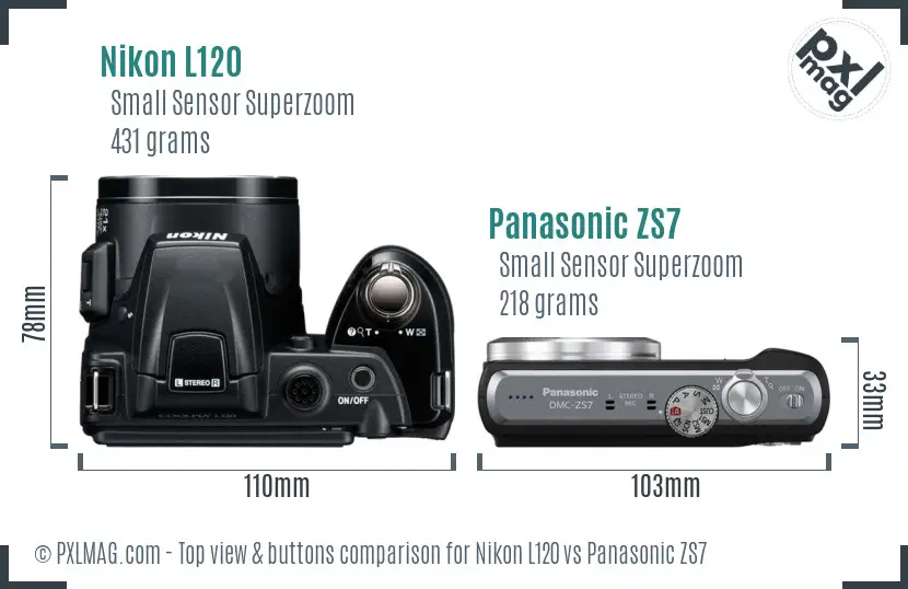 Nikon L120 vs Panasonic ZS7 top view buttons comparison