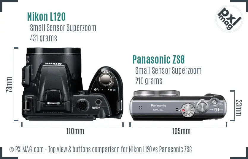 Nikon L120 vs Panasonic ZS8 top view buttons comparison