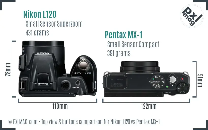 Nikon L120 vs Pentax MX-1 top view buttons comparison Nikon L120 vs Pentax MX-1 top view buttons comparison