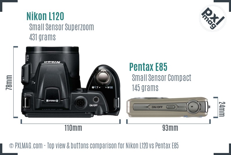 Nikon L120 vs Pentax E85 top view buttons comparison