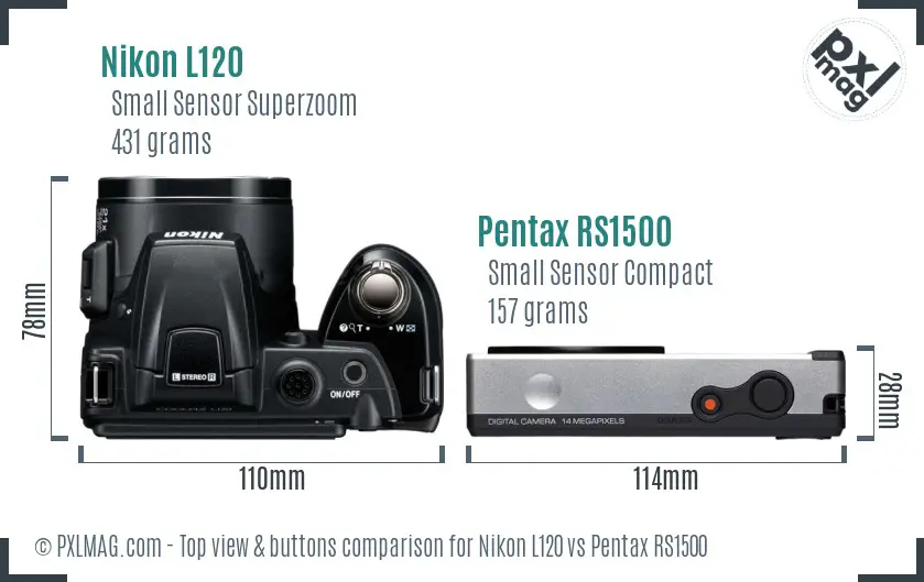 Nikon L120 vs Pentax RS1500 top view buttons comparison Nikon L120 vs Pentax RS1500 top view buttons comparison