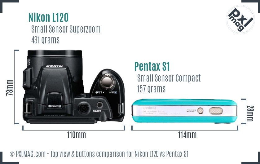 Nikon L120 vs Pentax S1 top view buttons comparison