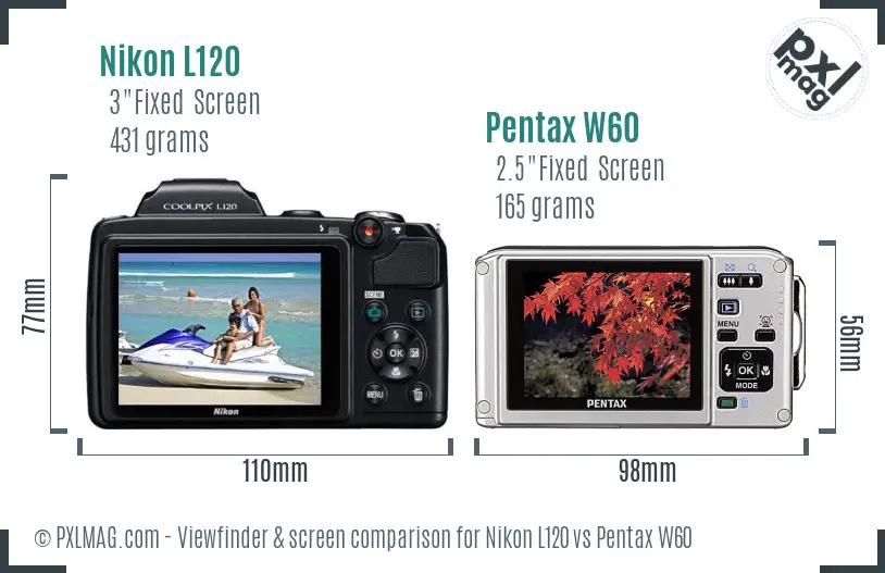 Nikon L120 vs Pentax W60 Screen and Viewfinder comparison