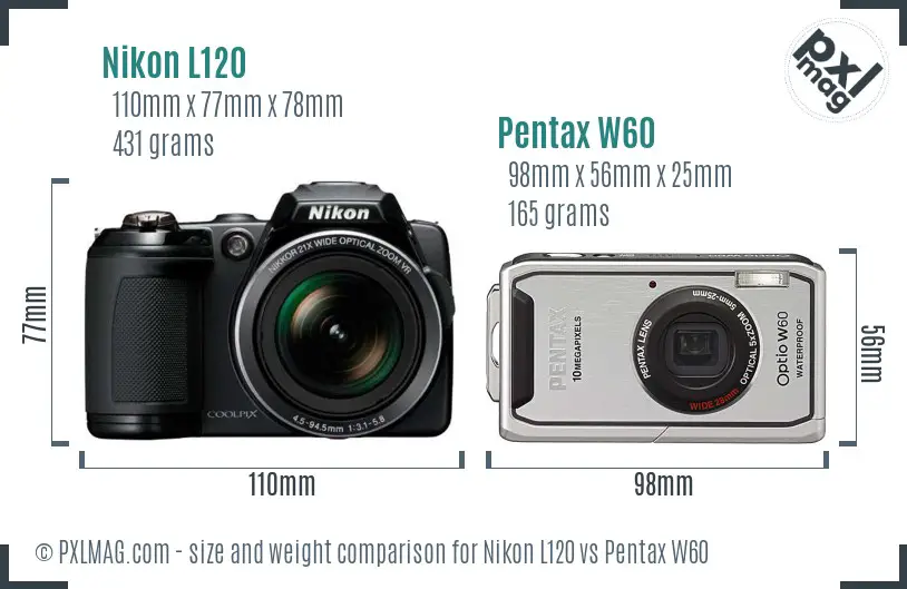 Nikon L120 vs Pentax W60 size comparison