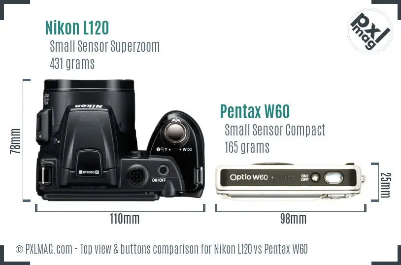 Nikon L120 vs Pentax W60 top view buttons comparison