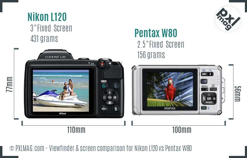 Nikon L120 vs Pentax W80 Screen and Viewfinder comparison