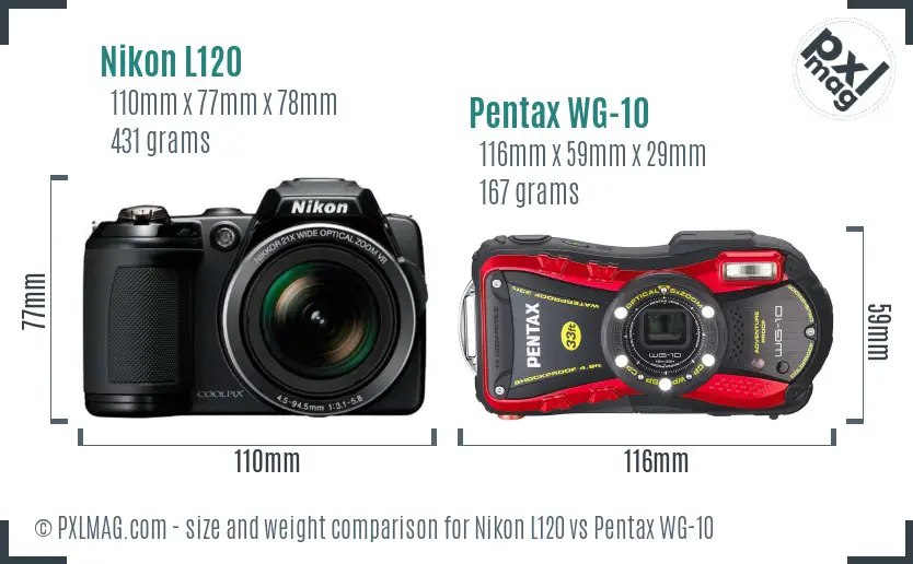 Nikon L120 vs Pentax WG-10 size comparison