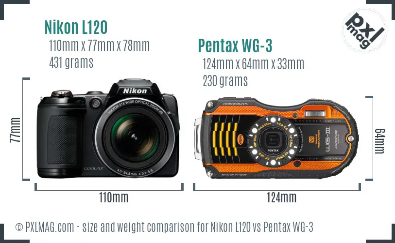 Nikon L120 vs Pentax WG-3 size comparison