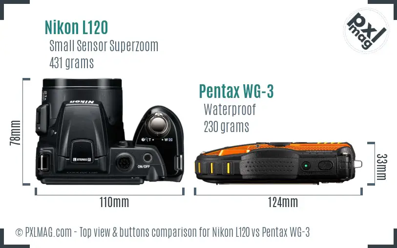 Nikon L120 vs Pentax WG-3 top view buttons comparison