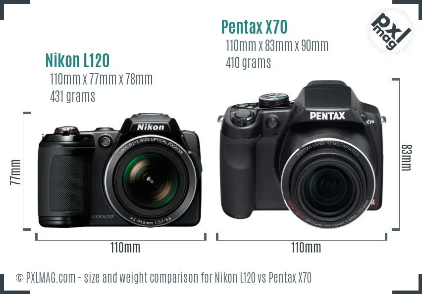 Nikon L120 vs Pentax X70 size comparison