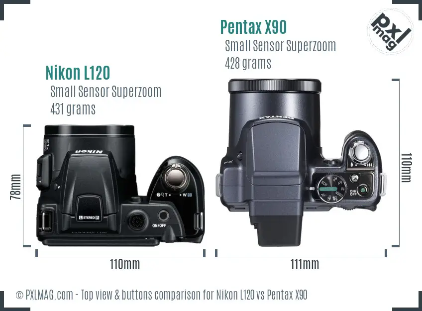 Nikon L120 vs Pentax X90 top view buttons comparison