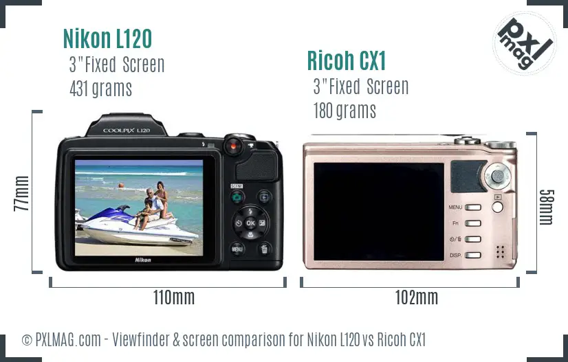 Nikon L120 vs Ricoh CX1 Screen and Viewfinder comparison