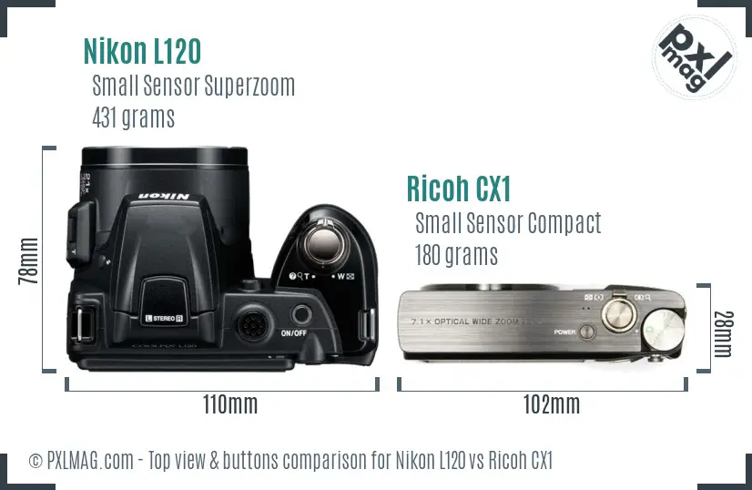 Nikon L120 vs Ricoh CX1 top view buttons comparison