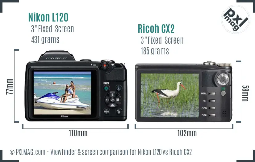 Nikon L120 vs Ricoh CX2 Screen and Viewfinder comparison