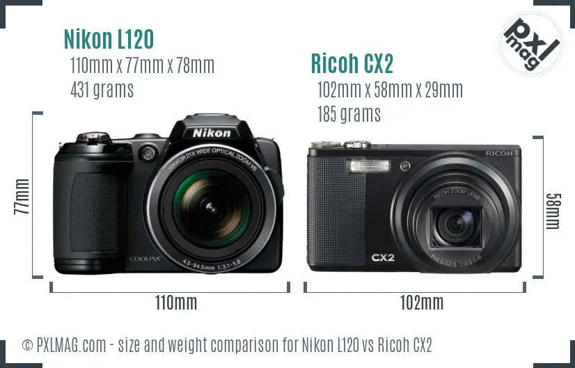 Nikon L120 vs Ricoh CX2 size comparison