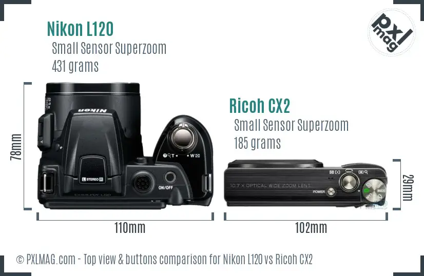 Nikon L120 vs Ricoh CX2 top view buttons comparison