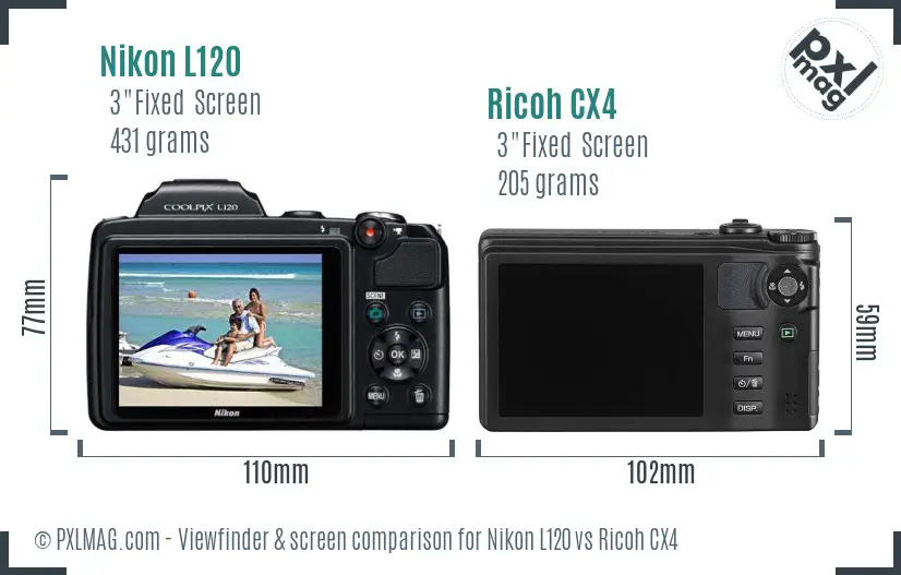 Nikon L120 vs Ricoh CX4 Screen and Viewfinder comparison