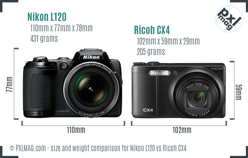 Nikon L120 vs Ricoh CX4 size comparison