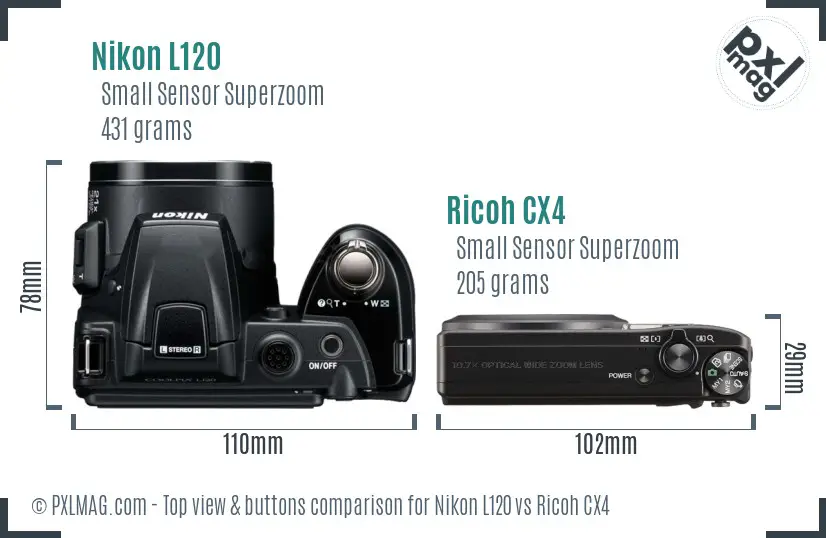 Nikon L120 vs Ricoh CX4 top view buttons comparison