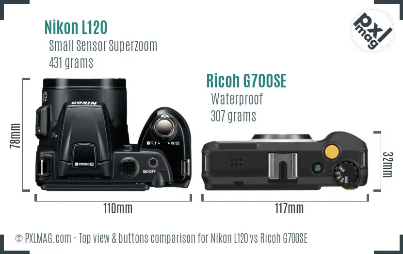 Nikon L120 vs Ricoh G700SE top view buttons comparison Nikon L120 vs Ricoh G700SE top view buttons comparison