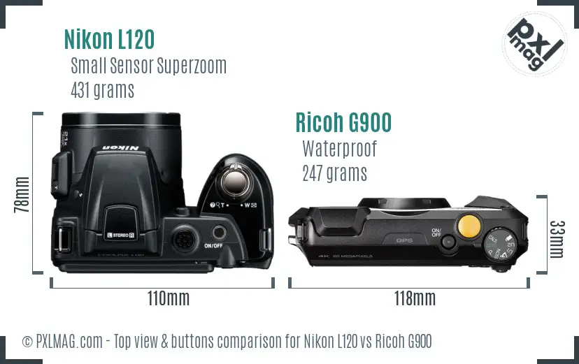 Nikon L120 vs Ricoh G900 top view buttons comparison