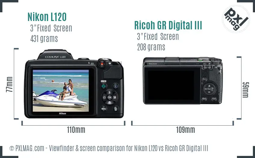 Nikon L120 vs Ricoh GR Digital III Screen and Viewfinder comparison