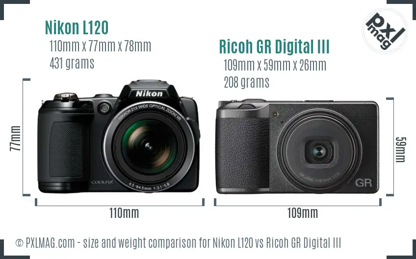Nikon L120 vs Ricoh GR Digital III size comparison