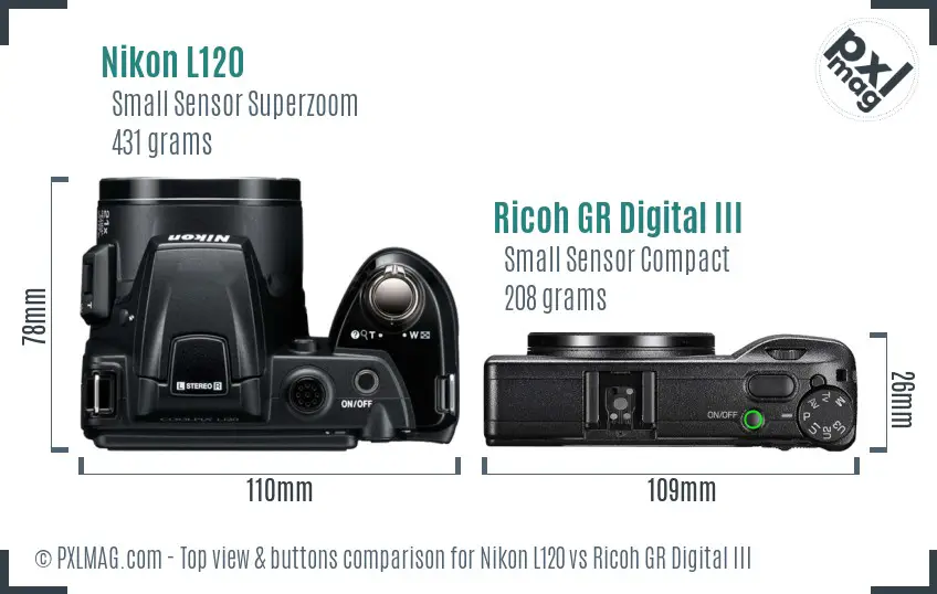 Nikon L120 vs Ricoh GR Digital III top view buttons comparison