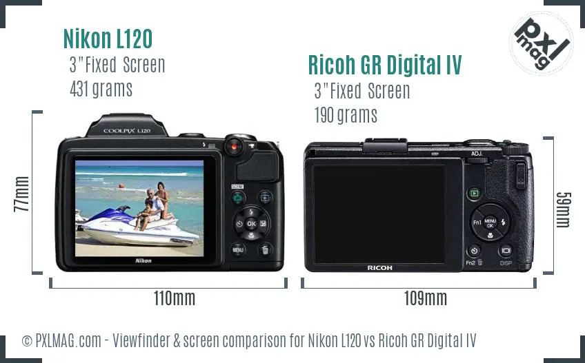 Nikon L120 vs Ricoh GR Digital IV Screen and Viewfinder comparison