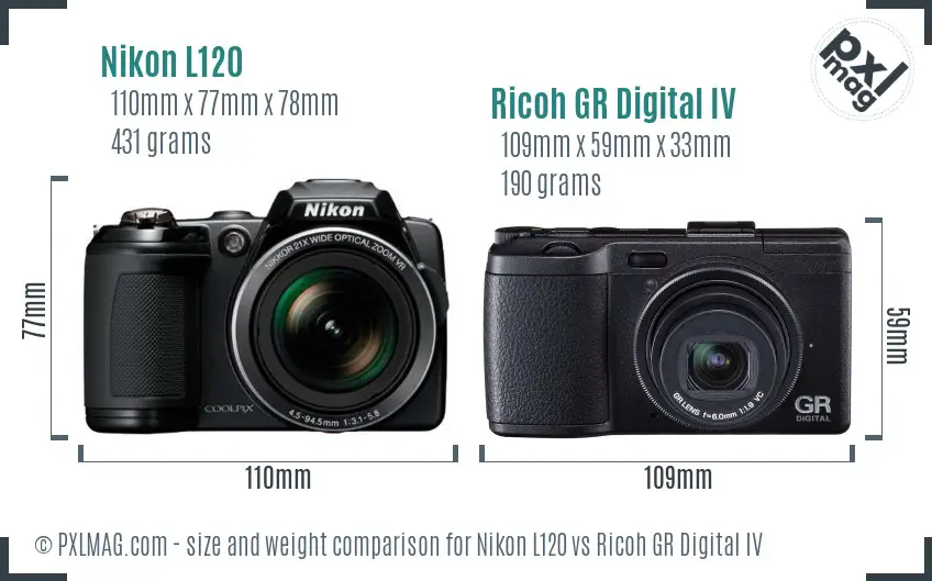 Nikon L120 vs Ricoh GR Digital IV size comparison