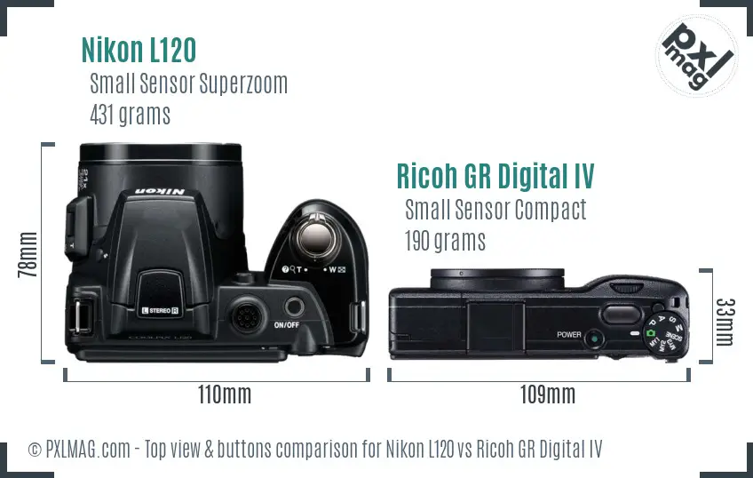 Nikon L120 vs Ricoh GR Digital IV top view buttons comparison