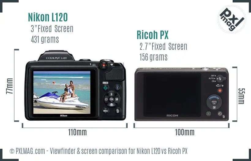 Nikon L120 vs Ricoh PX Screen and Viewfinder comparison