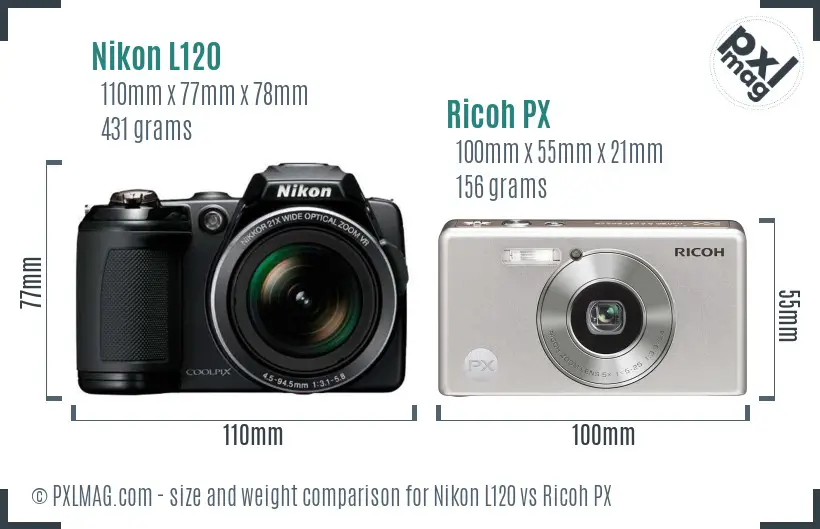 Nikon L120 vs Ricoh PX size comparison