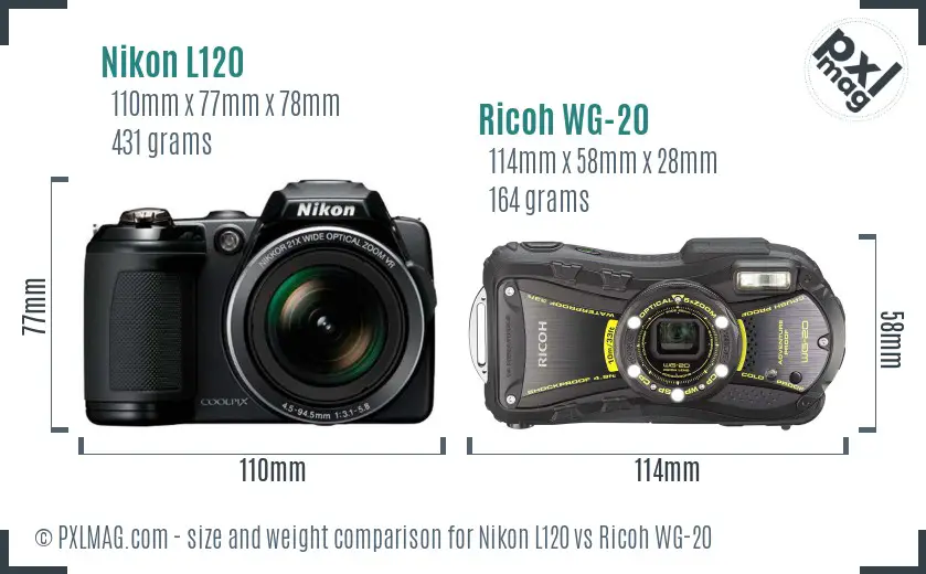 Nikon L120 vs Ricoh WG-20 size comparison