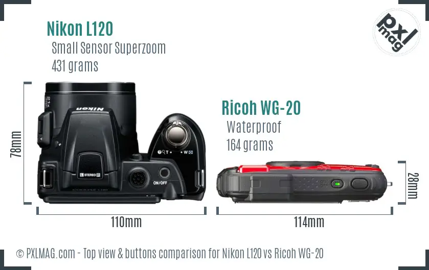 Nikon L120 vs Ricoh WG-20 top view buttons comparison