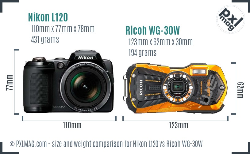 Nikon L120 vs Ricoh WG-30W size comparison Nikon L120 vs Ricoh WG-30W size comparison