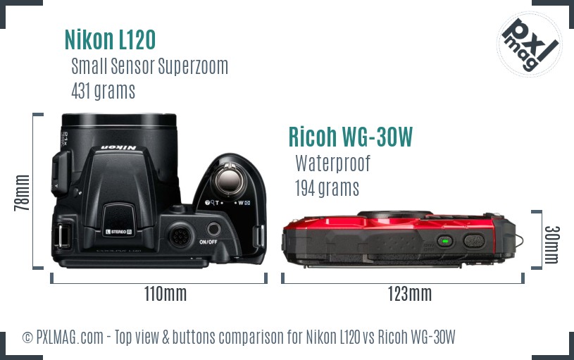 Nikon L120 vs Ricoh WG-30W top view buttons comparison