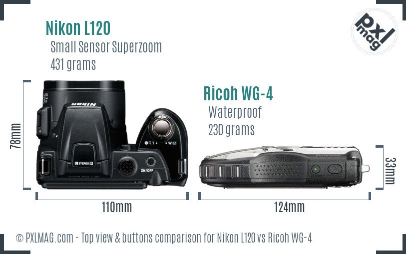 Nikon L120 vs Ricoh WG-4 top view buttons comparison
