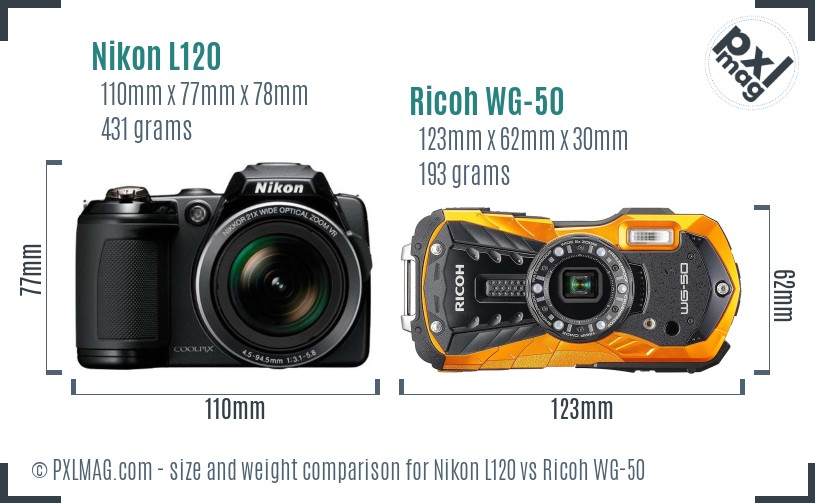 Nikon L120 vs Ricoh WG-50 size comparison