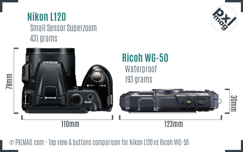 Nikon L120 vs Ricoh WG-50 top view buttons comparison