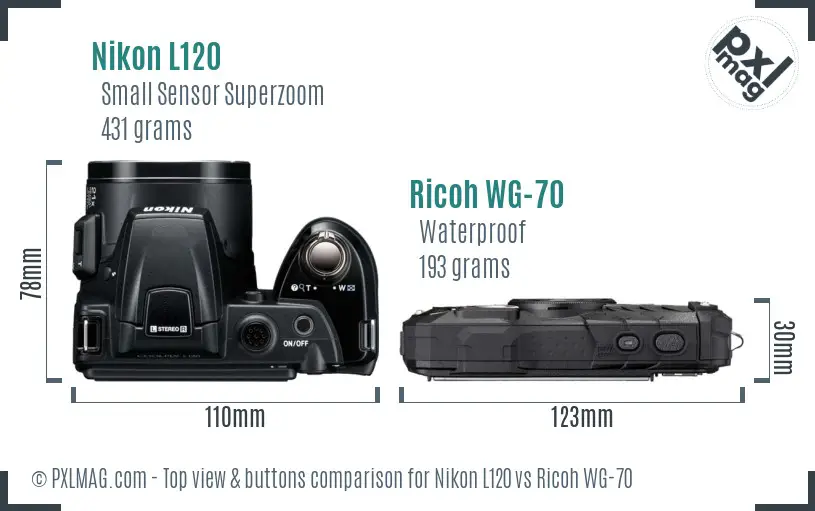 Nikon L120 vs Ricoh WG-70 top view buttons comparison Nikon L120 vs Ricoh WG-70 top view buttons comparison