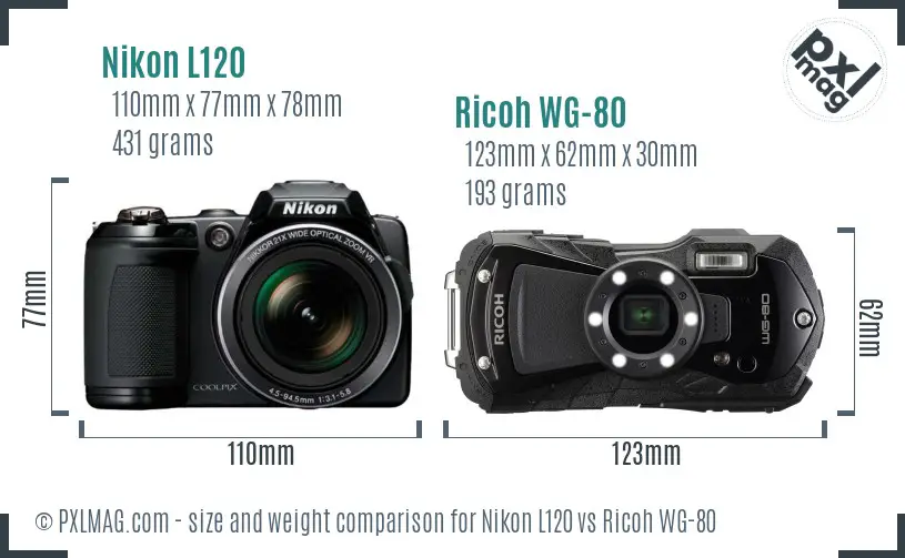 Nikon L120 vs Ricoh WG-80 size comparison