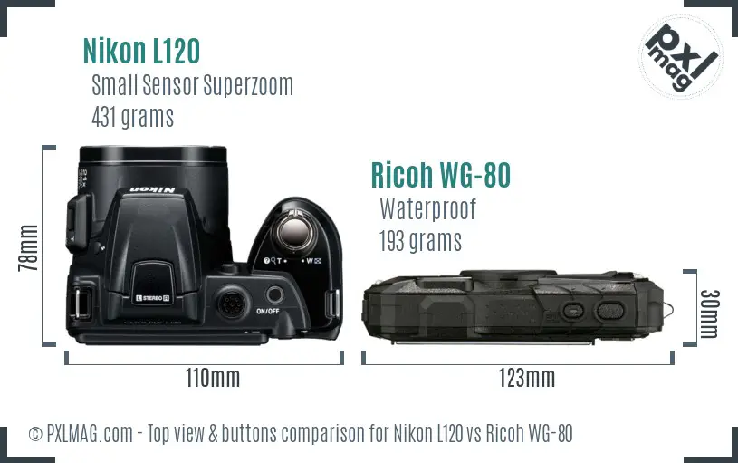 Nikon L120 vs Ricoh WG-80 top view buttons comparison