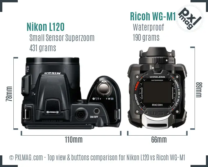 Nikon L120 vs Ricoh WG-M1 top view buttons comparison