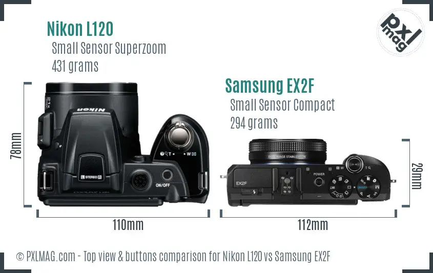 Nikon L120 vs Samsung EX2F top view buttons comparison